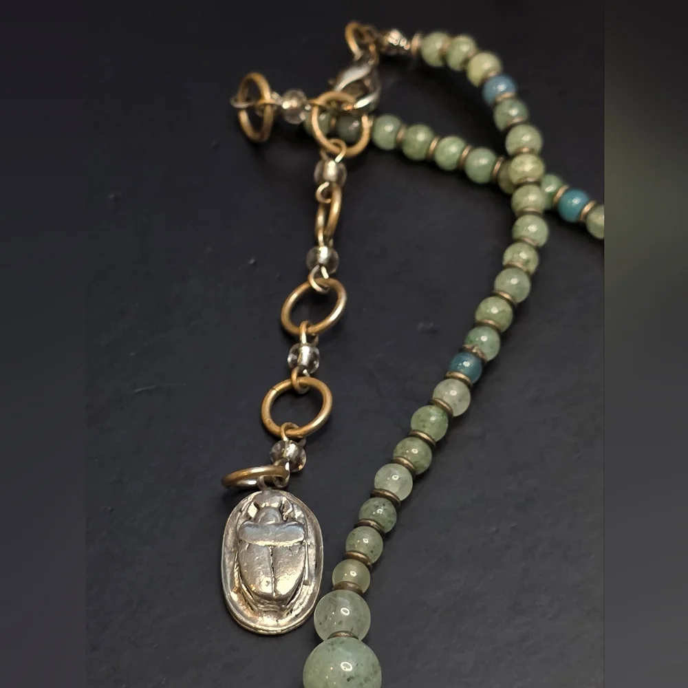 Jade Beaded Necklace W/ Lampwork Pendant And Egyptian Scarab Hangtag - Picture 3 of 7